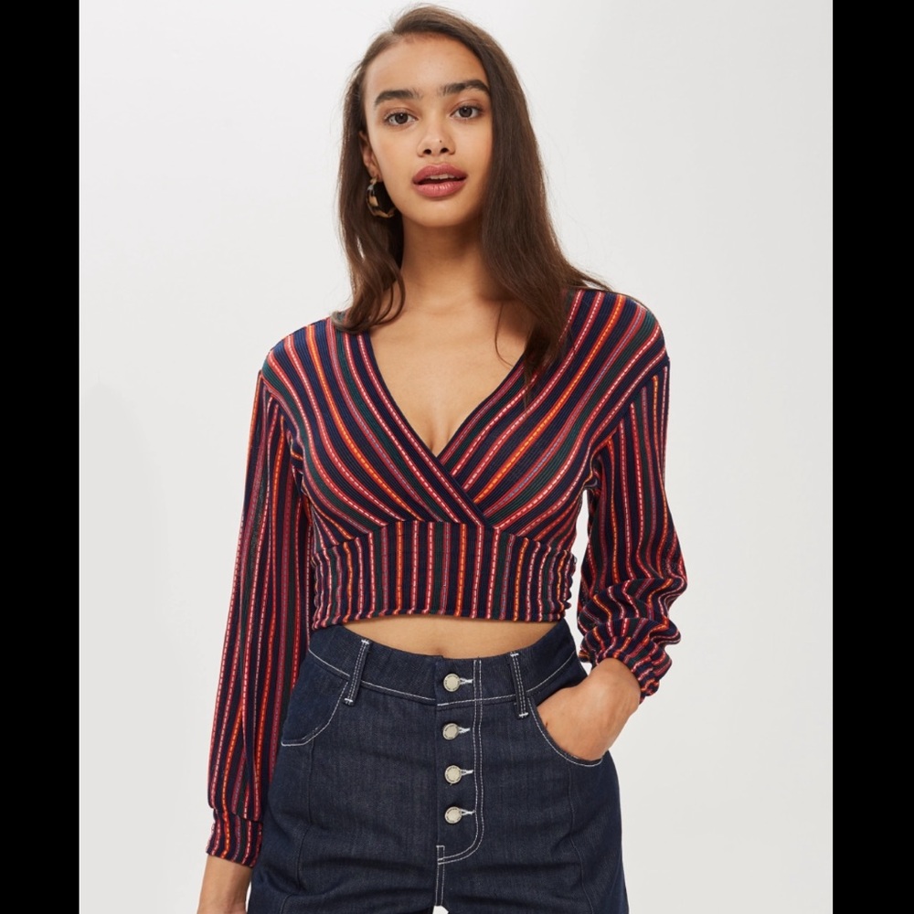 TOPSHOP Stripe Plisse Wrap Top